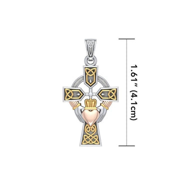 Celtic Cross and Irish Claddagh Three Tone Sterling Silver Pendant OTP1704